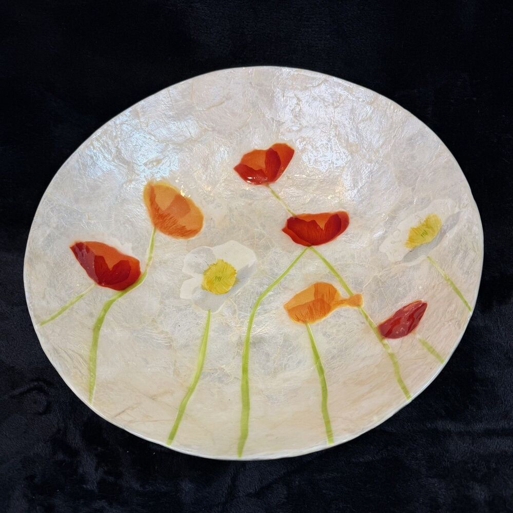 Anthropologie Vintage Capiz Shell Large Floral Flowers Centerpiece Dish Bowl